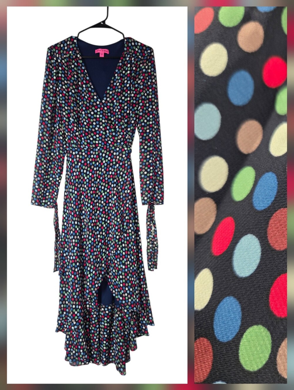 Betsey Johnson Multicolor Polka Dot High-Low Midi Wrap Dress Tie Sleeves